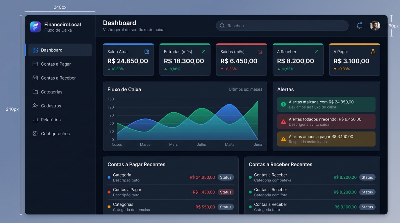 Dashboard do FinanceiroLocal mostrando saldo atual, entradas, saídas e gráfico de fluxo de caixa