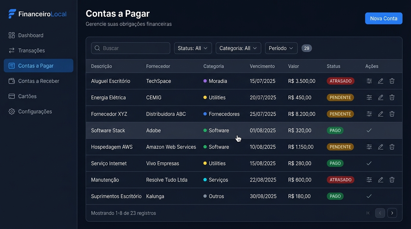 Tela de Contas a Pagar do FinanceiroLocal mostrando tabela de despesas com status, categorias coloridas e filtros